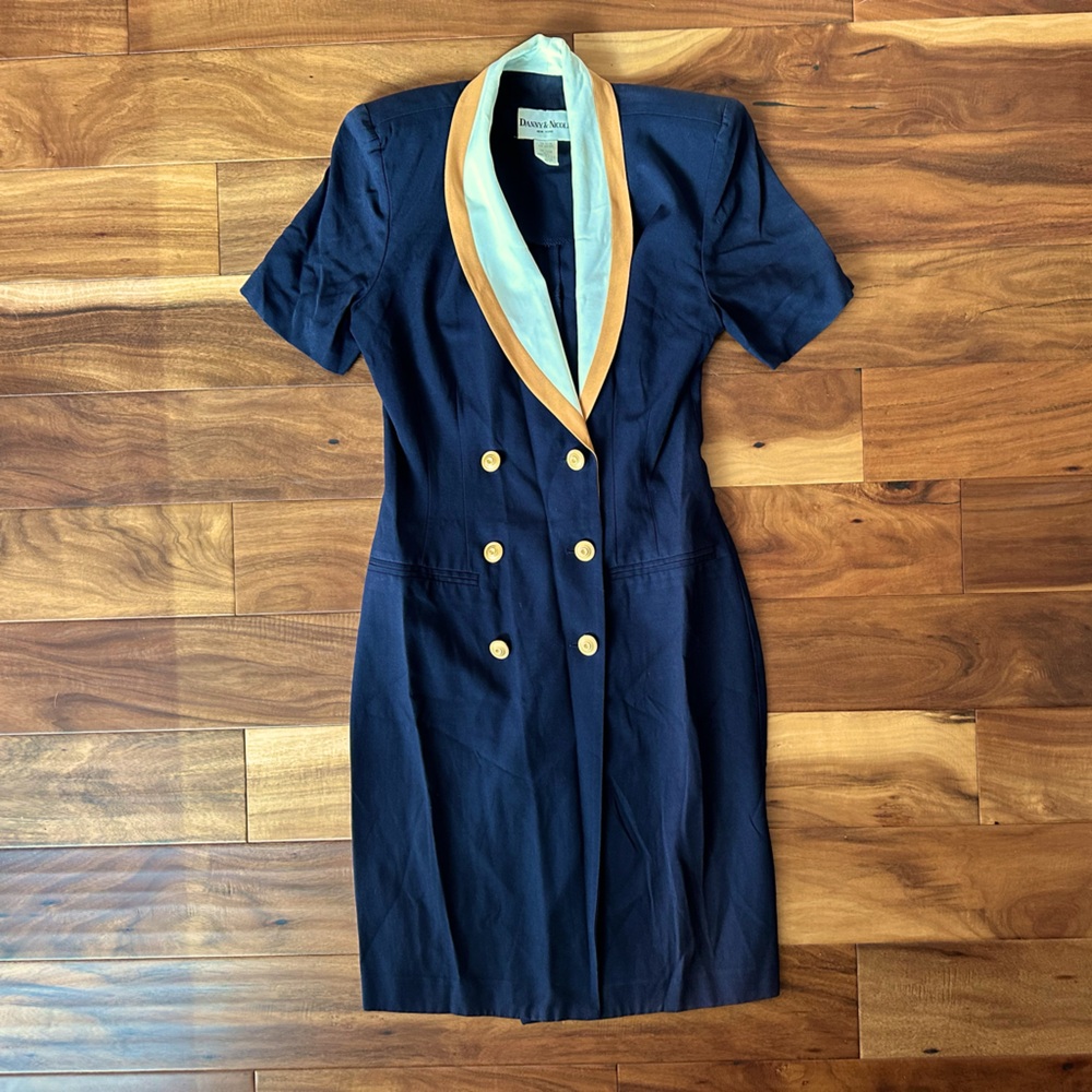 Danny & Nicole Vintage Navy Double-Breasted Dress with Gold Accents size 6